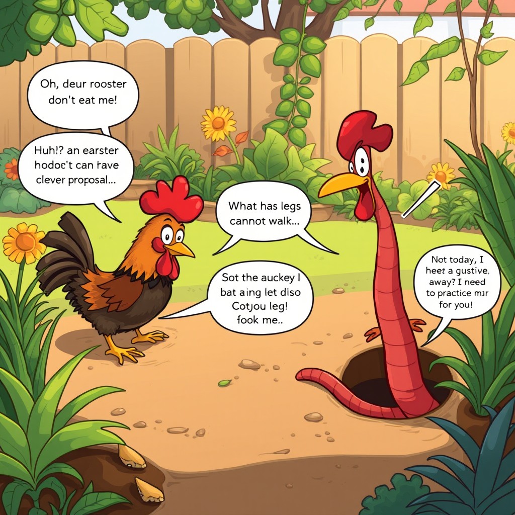 A whimsical scene depicting the morning in a backyard garden with a young rooster foraging for food