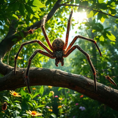 A massive, realistic giant spider perched on a tree branch in a lush forest, with intricate details on its hairy legs and unique markings on its body