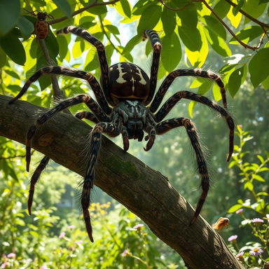 A massive, realistic giant spider perched on a tree branch in a lush forest, with intricate details on its hairy legs and unique markings on its body