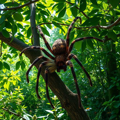 A massive, realistic giant spider perched on a tree branch in a lush forest, with intricate details on its hairy legs and unique markings on its body