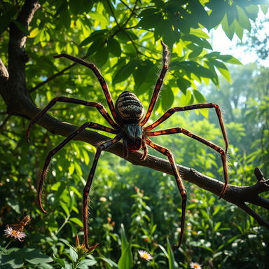 A massive, realistic giant spider perched on a tree branch in a lush forest, with intricate details on its hairy legs and unique markings on its body