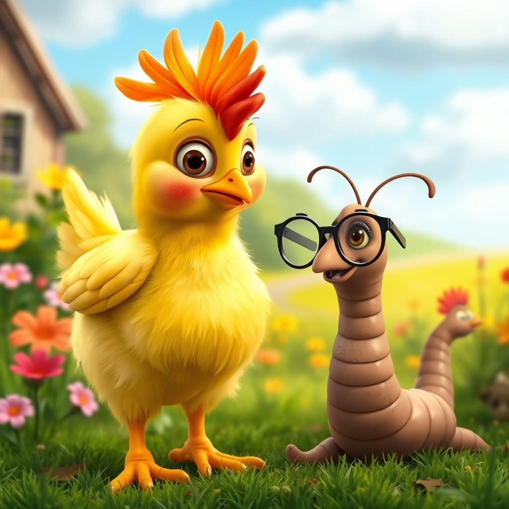 A curious young chicken with bright yellow feathers and big, inquisitive eyes, standing in a whimsical farmyard