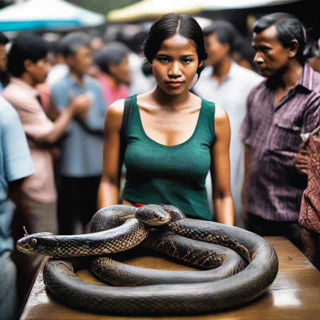 A beautiful woman with the body of a snake drawing a crowd at a traditional Indonesian market.