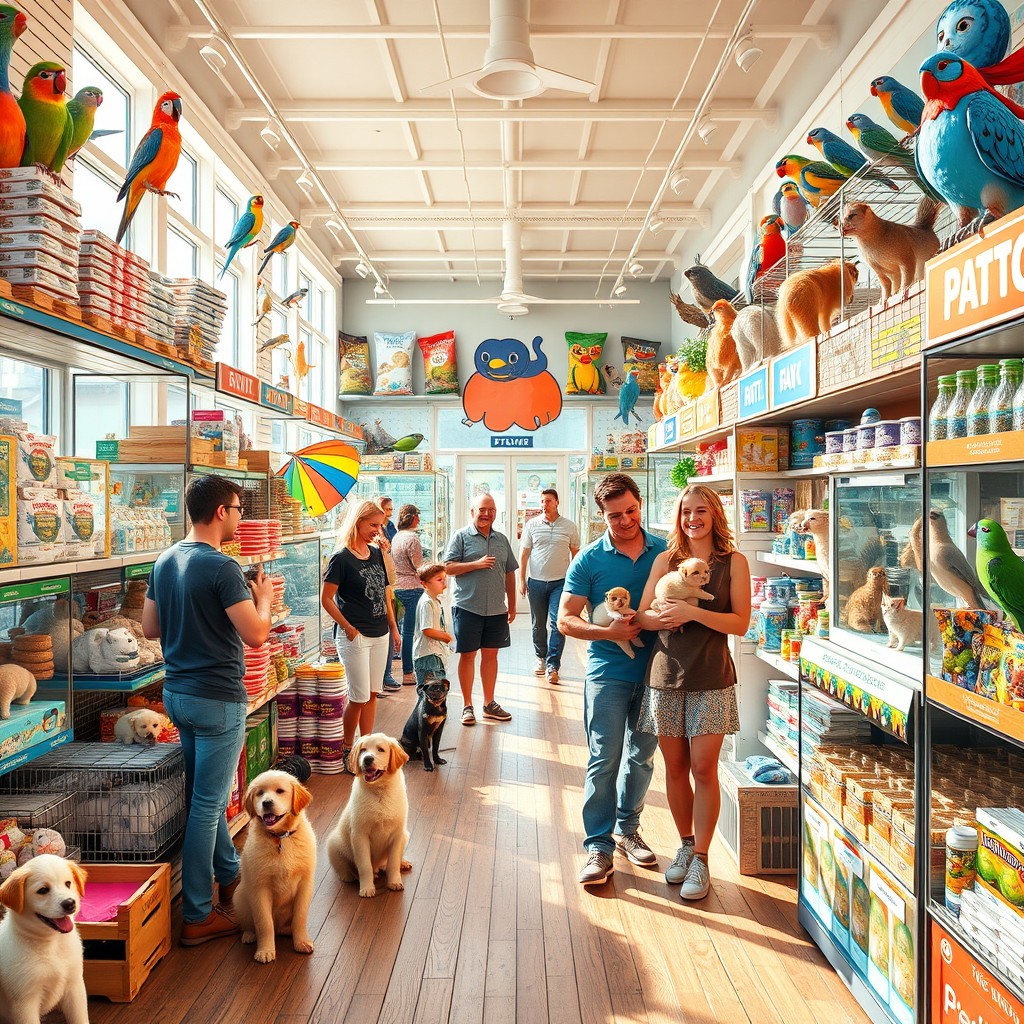 A vibrant and lively pet store brimming with an assortment of animals, including playful puppies, fluffy kittens, colorful birds in their cages, and exotic fish swimming in aquariums