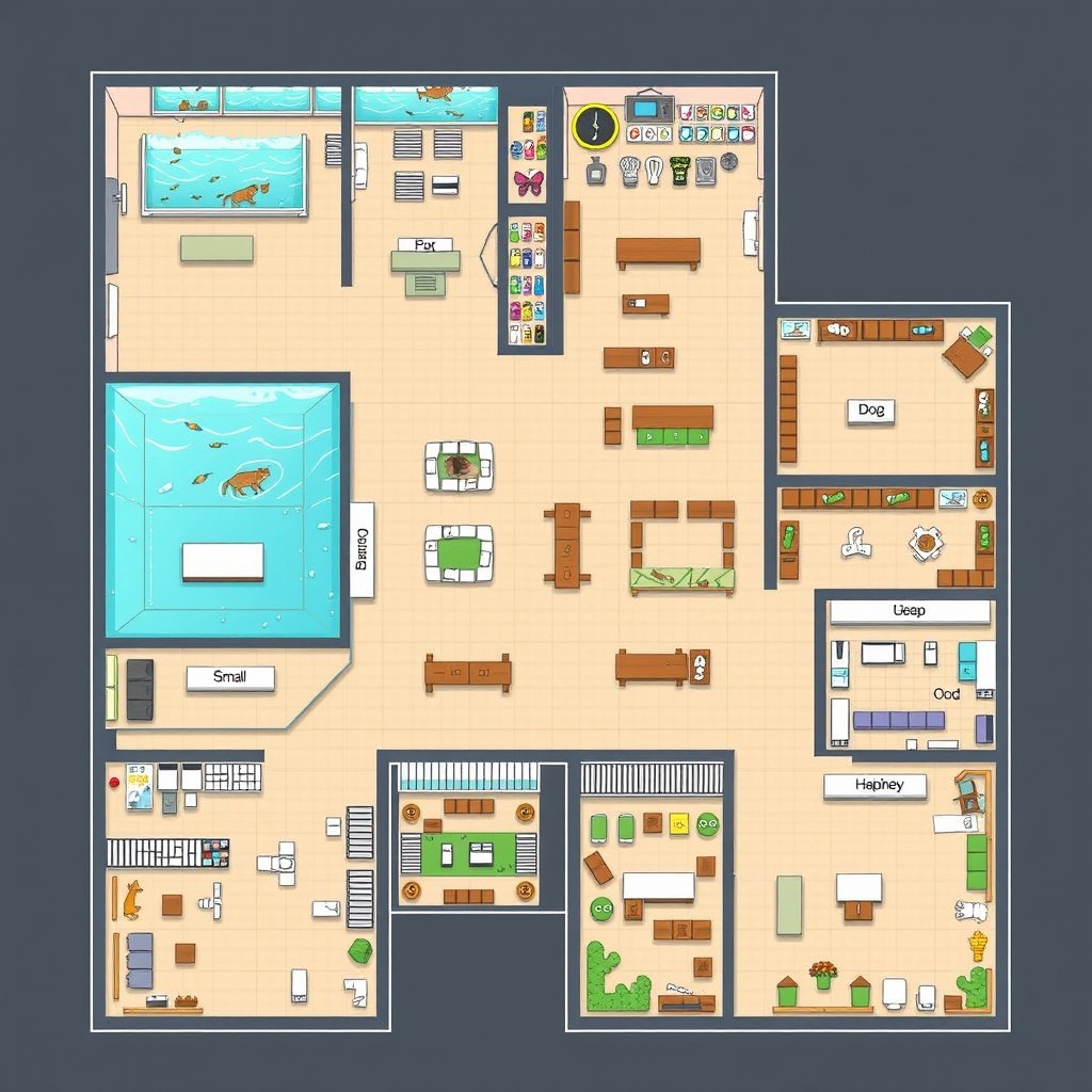 A detailed and organized layout floor plan for a pet store featuring various sections including: a spacious aquatics area with fish tanks, a dedicated cat section with climbing structures and play areas, a dog section with spacious kennels and a grooming station, a small animal habitat zone with cages for rodents and rabbits, a retail area for pet food and supplies, and an adoption area for rescue pets