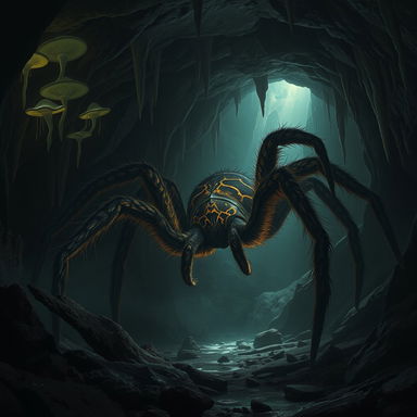 A massive, realistic giant spider lurking in the shadows of a dark cave, with intricate details on its hairy legs and unique markings on its body