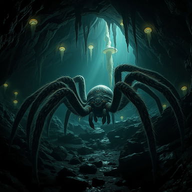 A massive, realistic giant spider lurking in the shadows of a dark cave, with intricate details on its hairy legs and unique markings on its body