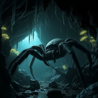A massive, realistic giant spider lurking in the shadows of a dark cave, with intricate details on its hairy legs and unique markings on its body