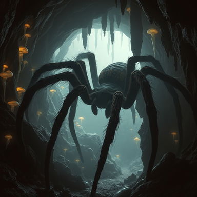 A massive, realistic giant spider lurking in the shadows of a dark cave, with intricate details on its hairy legs and unique markings on its body