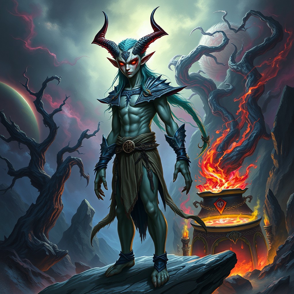 A fantastical creature that blends the features of an elf and a demon, showcasing elegant pointed ears and sharp, angular facial features combined with demonic traits like horns and glowing red eyes