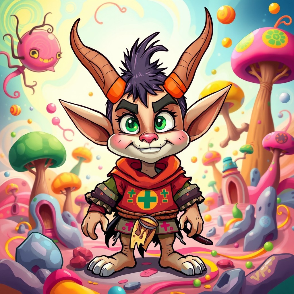 A whimsical cartoon creature that combines the features of an elf and a demon, showcasing oversized pointed ears, mischievous eyes, and playful horns, all in a cartoonish style reminiscent of classic characters like Bugs Bunny