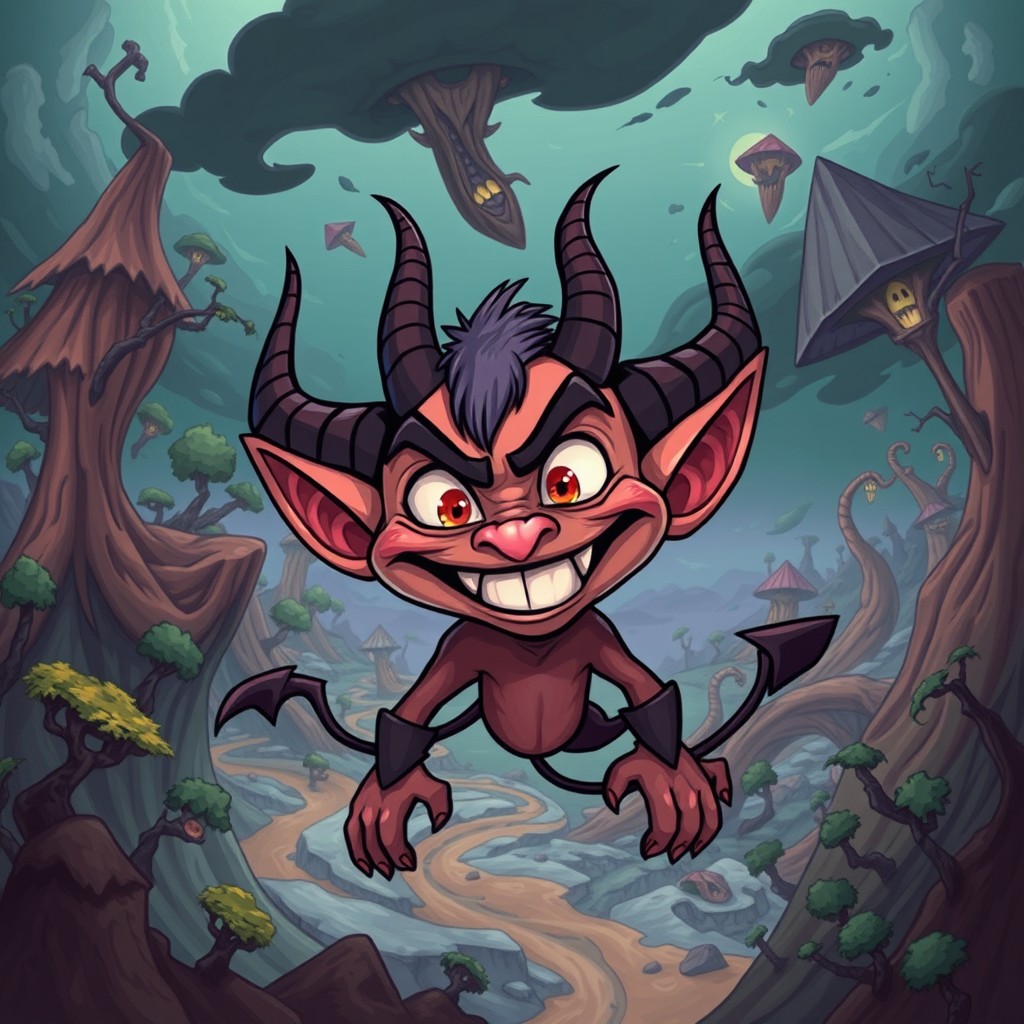 A whimsical yet dark cartoon creature that merges the features of an elf and a demon, characterized by exaggerated pointed ears, mischievous yet sinister eyes, and playful horns