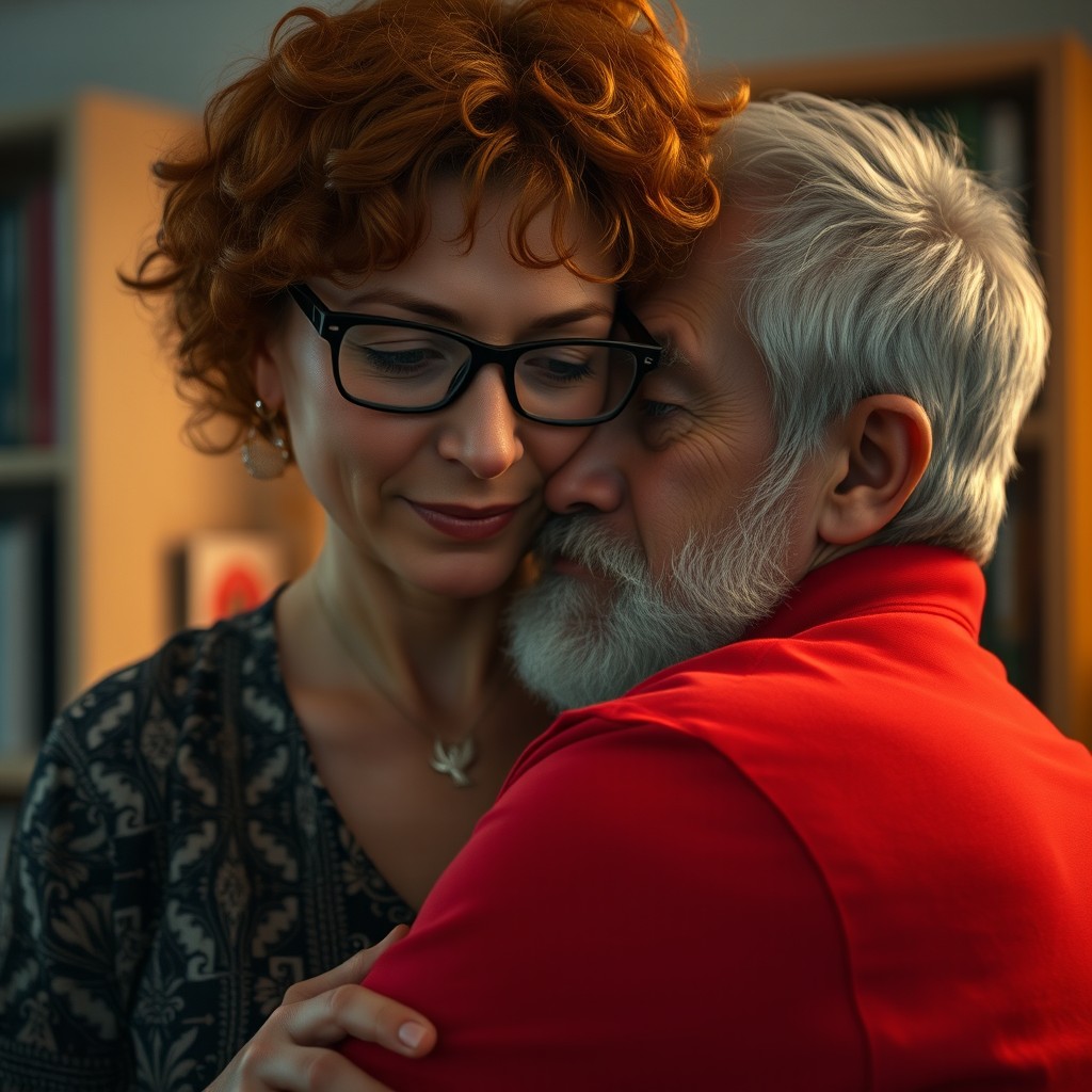 A realistic cinematic close-up of a woman with curly reddish-blonde hair and glasses, wearing a patterned boho-style blouse and a delicate necklace with a bird pendant