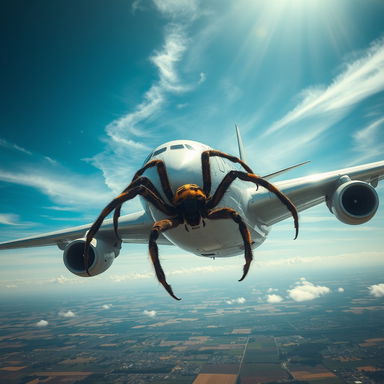 A massive, realistic giant spider crawling along the fuselage of a large airplane mid-flight, with intricate details on its hairy legs and unique markings on its body