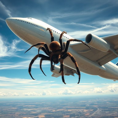 A massive, realistic giant spider crawling along the fuselage of a large airplane mid-flight, with intricate details on its hairy legs and unique markings on its body