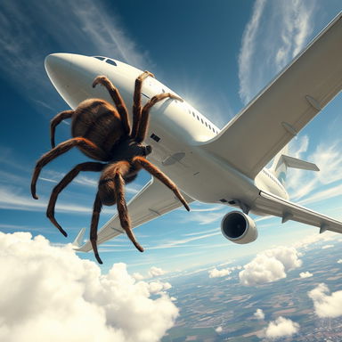A massive, realistic giant spider crawling along the fuselage of a large airplane mid-flight, with intricate details on its hairy legs and unique markings on its body