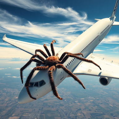 A massive, realistic giant spider crawling along the fuselage of a large airplane mid-flight, with intricate details on its hairy legs and unique markings on its body