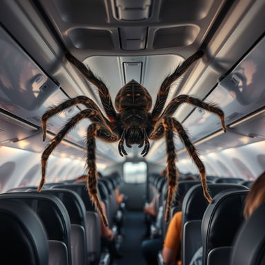 A massive, realistic giant spider crawling on the interior of an airplane, capturing the intricate details of its hairy legs and unique markings on its body