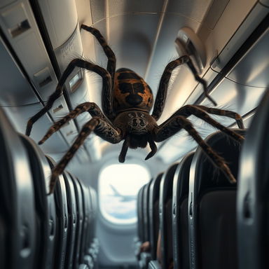 A massive, realistic giant spider crawling on the interior of an airplane, capturing the intricate details of its hairy legs and unique markings on its body