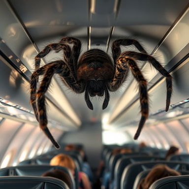 A massive, realistic giant spider crawling on the interior of an airplane, capturing the intricate details of its hairy legs and unique markings on its body