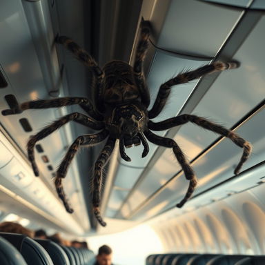 A massive, realistic giant spider crawling on the interior of an airplane, capturing the intricate details of its hairy legs and unique markings on its body