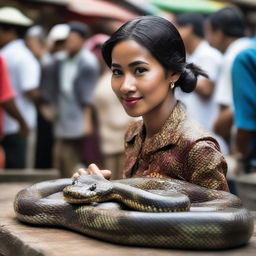 A beautiful woman with the body of a snake drawing a crowd at a traditional Indonesian market.