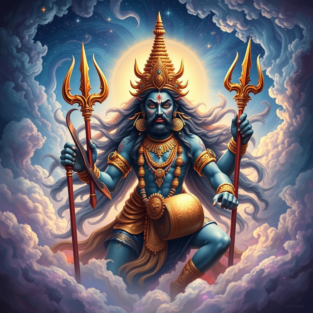 A majestic and powerful ancient deity, Rudra, depicted with long flowing hair, a fierce yet benevolent expression, and adorned with intricate jewelry