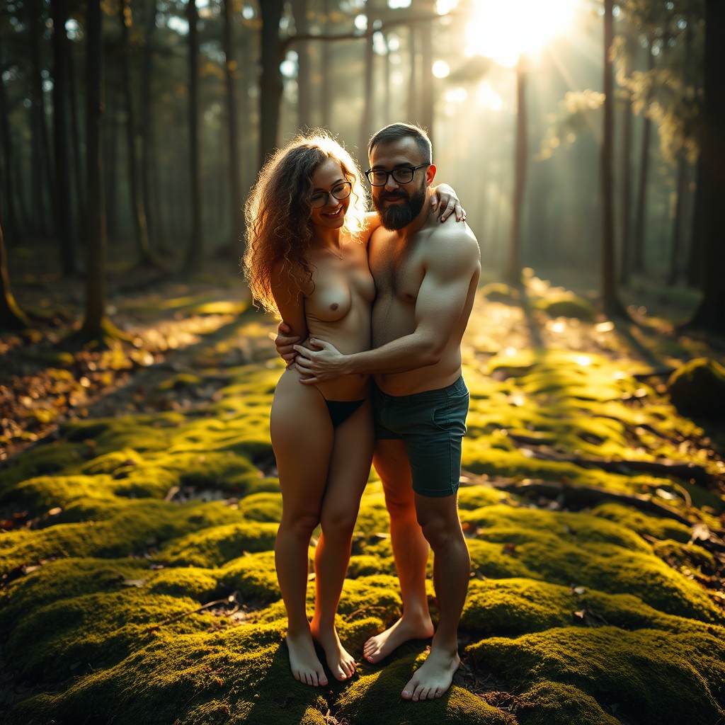 A woman with long, light curly hair embraces a man with a fuller beard and shorter hair