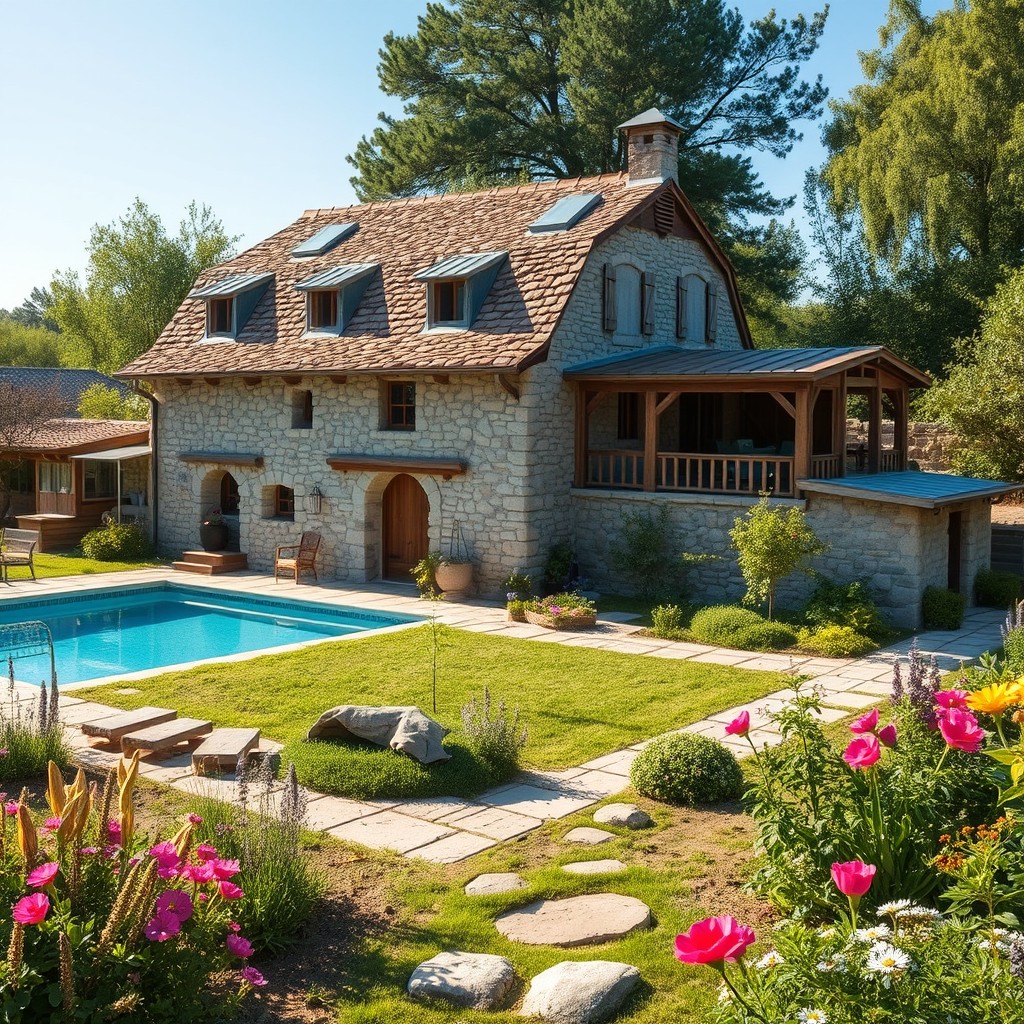 A simple house made of stone and small materials, featuring a barn and a chicken coop, along with multiple rooms