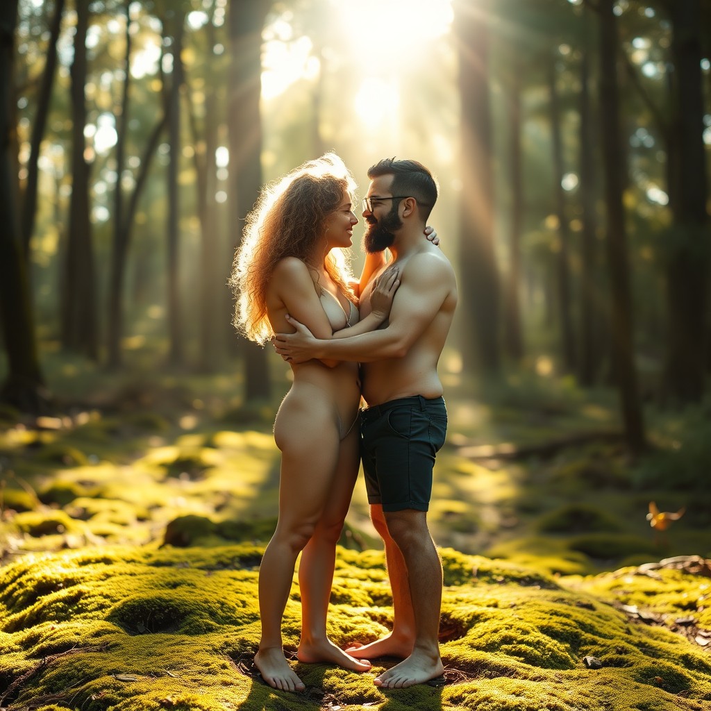 A woman with long, light, curly hair embraces a man with a fuller beard and shorter hair