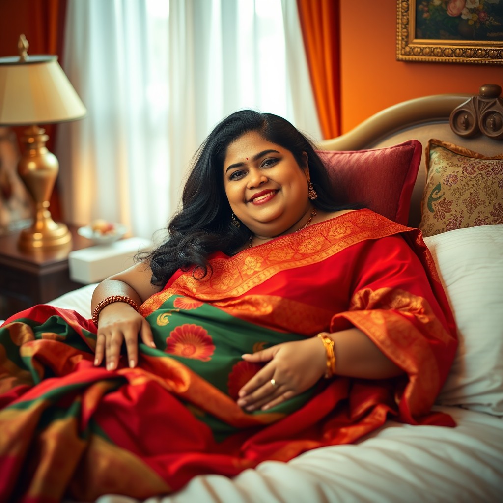 A curvy and chubby South Indian woman in a traditional saree, comfortably lying in bed