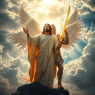 A majestic scene depicting Jesus Christ in a flowing robe, radiating a serene glow, standing alongside a powerful angelic warrior