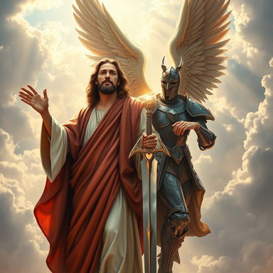 A majestic scene depicting Jesus Christ in a flowing robe, radiating a serene glow, standing alongside a powerful angelic warrior