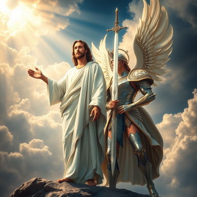 A majestic scene depicting Jesus Christ in a flowing robe, radiating a serene glow, standing alongside a powerful angelic warrior
