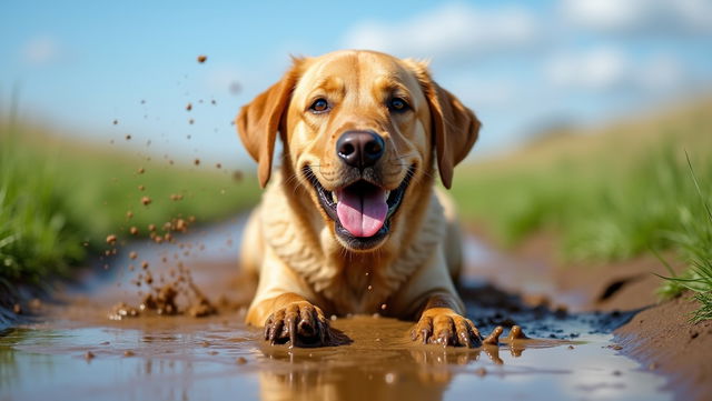 A playful Labrador Retriever joyfully rolling in a muddy puddle, showcasing its shiny coat smeared with mud, surrounded by green grass and a bright blue sky