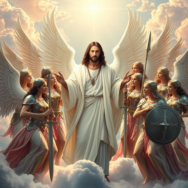 A striking and powerful scene featuring Jesus surrounded by heavenly angelic women warriors