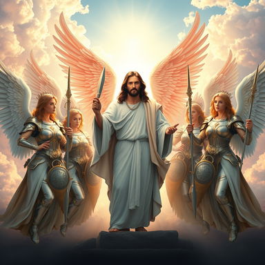 A striking and powerful scene featuring Jesus surrounded by heavenly angelic women warriors