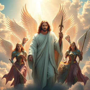 A striking and powerful scene featuring Jesus surrounded by heavenly angelic women warriors