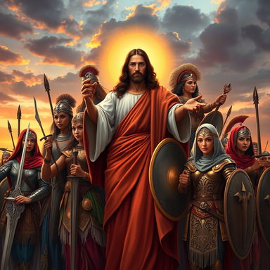 A powerful scene depicting Jesus surrounded by women warriors of diverse ethnicities, showcasing their strength and bravery