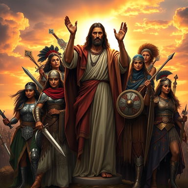 A powerful scene depicting Jesus surrounded by women warriors of diverse ethnicities, showcasing their strength and bravery