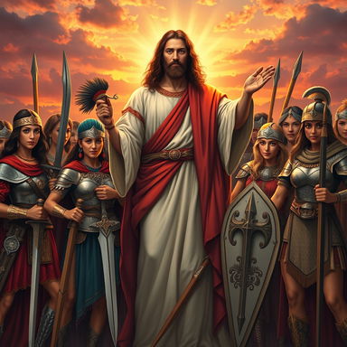 A powerful scene depicting Jesus surrounded by women warriors of diverse ethnicities, showcasing their strength and bravery