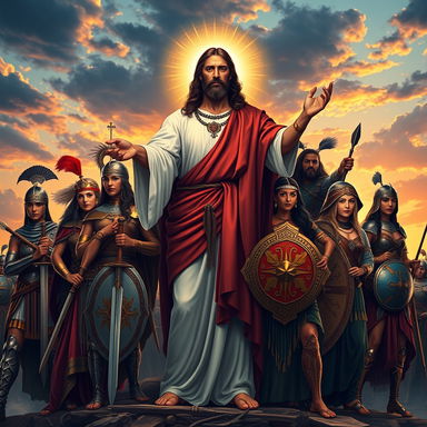 A powerful scene depicting Jesus surrounded by women warriors of diverse ethnicities, showcasing their strength and bravery