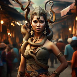 A beautiful woman with the body of a snake drawing a crowd at a traditional Indonesian market, set against a fantasy world backdrop.