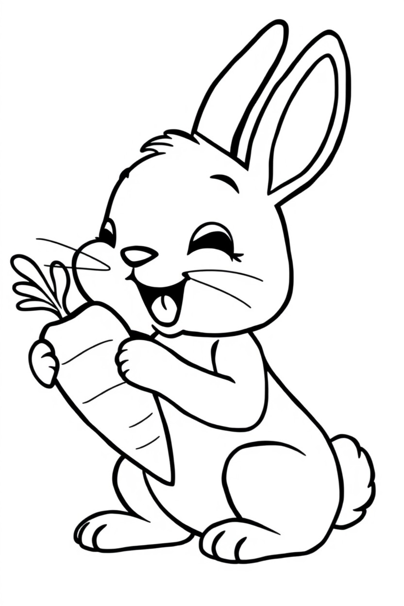 A cute cartoon rabbit happily munching on a carrot, illustrated in simple and charming children's book style