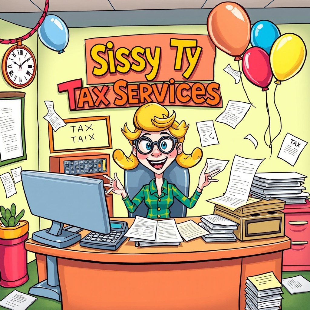 A playful and colorful cartoon illustration depicting a whimsical tax office setting, featuring a cheerful character dressed in humorous 'sissy' clothing while sitting at a desk cluttered with tax forms and calculators, with vibrant decorations and a comical sign reading 'Sissy Tax Services'