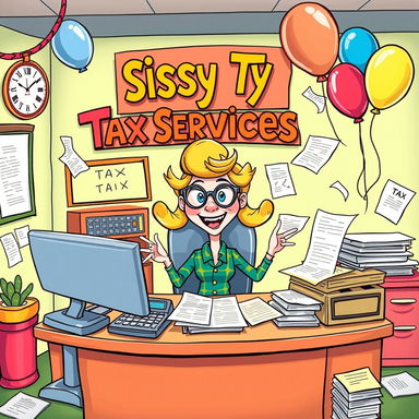A playful and colorful cartoon illustration depicting a whimsical tax office setting, featuring a cheerful character dressed in humorous 'sissy' clothing while sitting at a desk cluttered with tax forms and calculators, with vibrant decorations and a comical sign reading 'Sissy Tax Services'