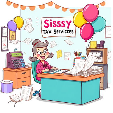 A playful and colorful cartoon illustration depicting a whimsical tax office setting, featuring a cheerful character dressed in humorous 'sissy' clothing while sitting at a desk cluttered with tax forms and calculators, with vibrant decorations and a comical sign reading 'Sissy Tax Services'