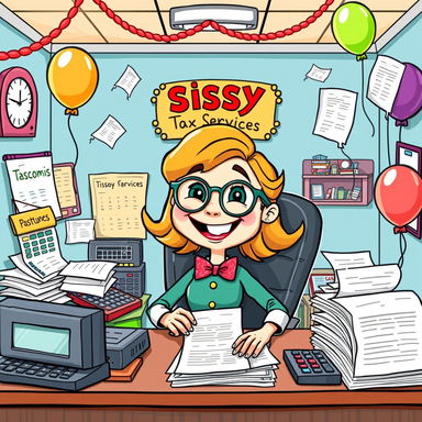 A playful and colorful cartoon illustration depicting a whimsical tax office setting, featuring a cheerful character dressed in humorous 'sissy' clothing while sitting at a desk cluttered with tax forms and calculators, with vibrant decorations and a comical sign reading 'Sissy Tax Services'