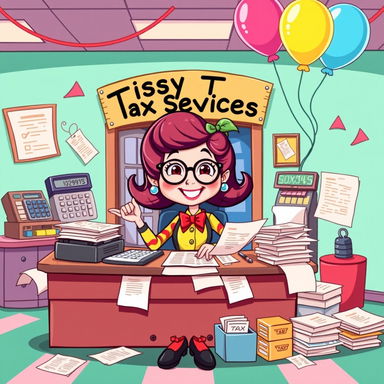 A playful and colorful cartoon illustration depicting a whimsical tax office setting, featuring a cheerful character dressed in humorous 'sissy' clothing while sitting at a desk cluttered with tax forms and calculators, with vibrant decorations and a comical sign reading 'Sissy Tax Services'