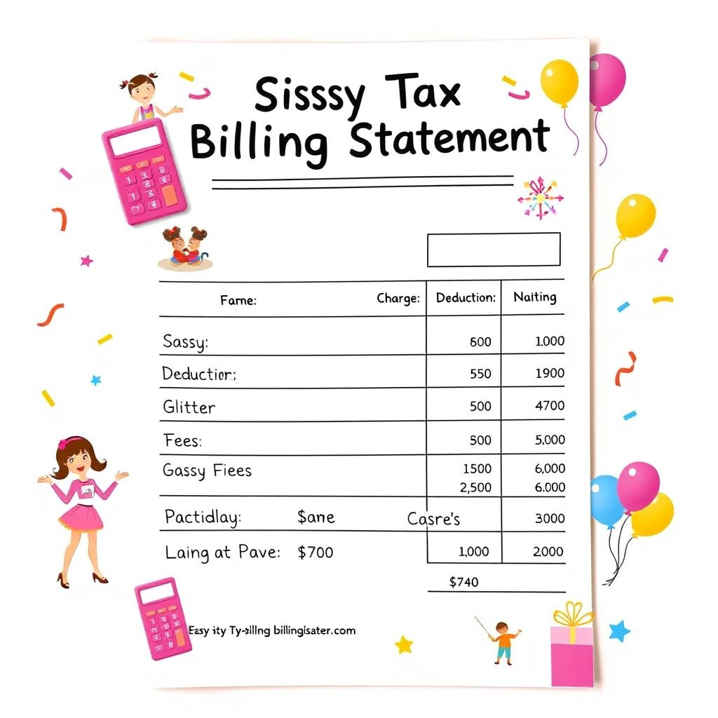 An amusing and colorful billing statement designed to appear playful, featuring a whimsical layout with the title 'Sissy Tax Billing Statement' prominently displayed at the top